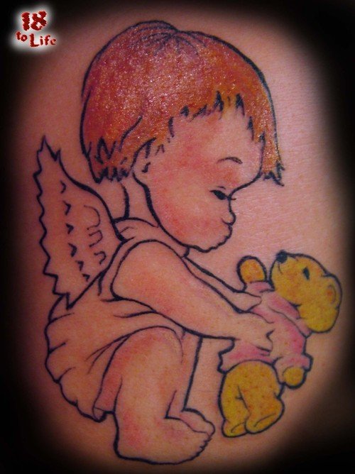 Baby Angel With Teddy Bear Tattoo Design Idea